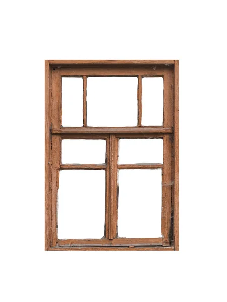 Staré Hnědé Dřevěné Okno Izolované Bílém Pozadí — Stock fotografie