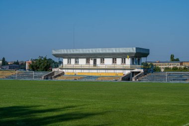 Stadyumun adı Lobanovskyi 'den gelmektedir. Pereyaslav, Ukrayna - 6 Ağustos 2023.