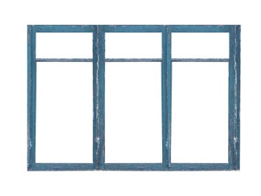 Old big blue wooden window frame with six sashes isolated on white background.