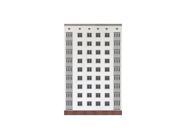 Dokuz katlı beyaz apartman, beyaz arka planda izole edilmiş..