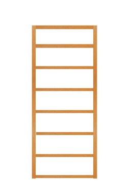 Boş modern kitaplıklar, beyaz arka planda izole edilmiş yedi bölmesi olan hafif ahşaptan yapılmış..