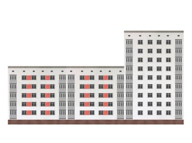 Beş katlı beyaz bir apartman dairesi ve beyaz arka planda izole edilmiş dokuz katlı bir bölüm..