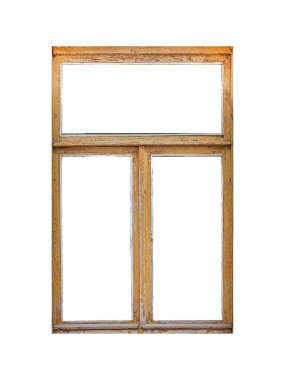 Eski turuncu terk edilmiş ahşap pencere çerçevesi beyaz arkaplanda izole edilmiş.