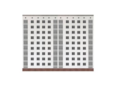 Dokuz katlı beyaz apartman, beyaz arka planda izole edilmiş..