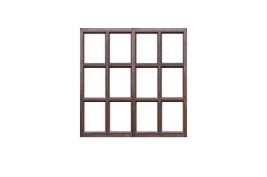 Beyaz arka planda izole edilmiş birçok kuşağı olan eski koyu kahverengi ahşap pencere çerçevesi.