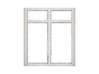 Beyaz arka planda dört kuşağı olan eski beyaz ahşap pencere çerçevesi.