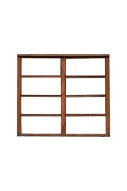 Eski koyu kahverengi ahşap pencere çerçevesi, sekiz kuşak dikey, beyaz arka planda izole edilmiş..