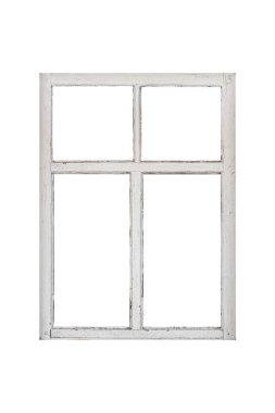 Beyaz arkaplanda izole edilmiş beyaz tahta pencere.