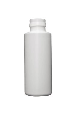 Beyaz arka planda izole edilmiş beyaz plastik HDPE şişesi.