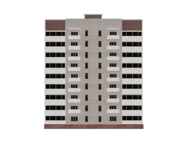 Dokuz katlı beyaz apartman, beyaz arka planda izole edilmiş..