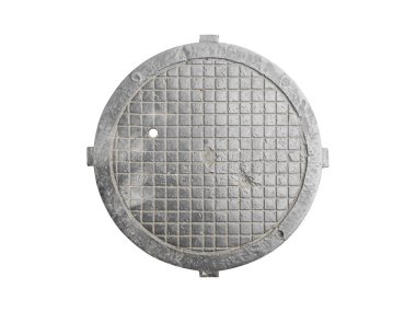 Beyaz arka planda izole edilmiş eski dökme demir rögar kapağı, üst görünüm.