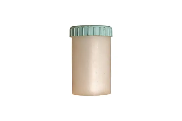 stock image Translucent plastic container with a light blue screw-on cap, for storing or transporting small samples or substances is isolated.