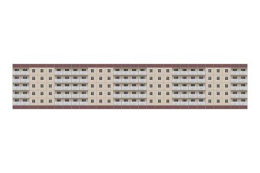 Bej kiremitlerle kaplı beş katlı uzun prefabrik bir apartman dairesi. Evin balkonları var..
