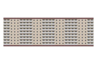 Uzun, prefabrik, dokuz katlı, bej kiremitlerle kaplı bir apartman dairesi. Evin balkonları var..