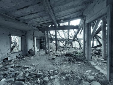 Terk edilmiş, küçük, soğuk renklerde, harap bir kır evinin içi..