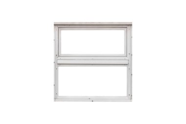 Çağdaş, dikey olarak kayan, temiz, metal çerçeveli bir pencere izole edilmiştir..