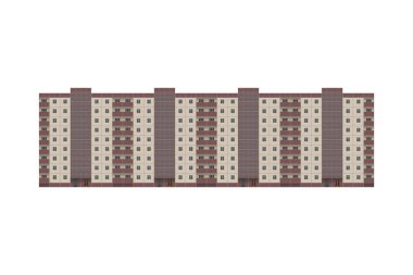 Dört girişi bej kiremitlerle kaplı prefabrik dokuz katlı apartman dairesi izole edilmiş. Evin balkonları var..