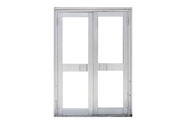 1980-1990 'ların modernist mimari döneminden kalma çift alüminyum bir kapı izole edilmiştir. Kapıda pencere var..