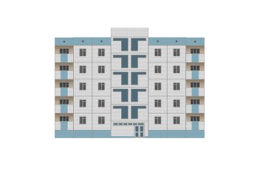 Seramik fayans cephesi ve minimalist geometrik tasarımı olan beş katlı bir bina izole edilmiştir..