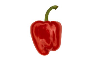 Yeşil saplı taze kırmızı dolma biber izole edilmiştir. Parlak yüzeyi ve doğal şekli olan olgun bir sebze..