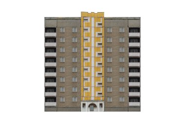 Merkezinde dekoratif sarı fayans desenli dokuz katlı apartman dairesi izole edilmiş..