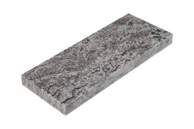 Gri tabanlı ve siyah benekli cilalanmış granit taş levha, izole edilmiş..