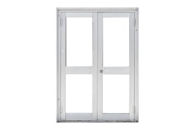 Cam panelli beyaz, çift katlı kapı çerçevesi izole edilmiştir..