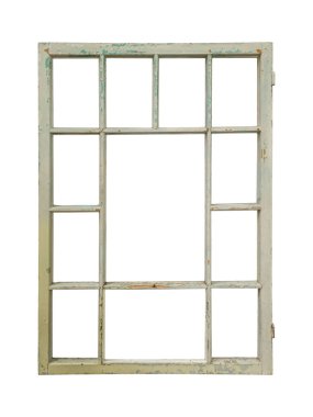 Birden fazla küçük kuşağı olan klasik ahşap pencere çerçevesi izole edilmiştir.