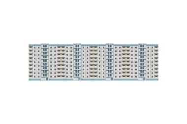 Dokuz katlı beyaz ve mavi panelli apartman izole edilmiş.