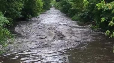 Lybid Nehri sağanak yağıştan sonra kıyılarını taşırdı. Lybid Nehri, Kyiv, Ukrayna.