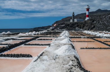 Fuencaliente saltworks, with lighthouse on volcanic coastline and Atlantic ocean background, La Palma, Canary islands, Spain