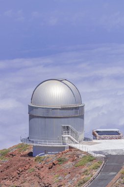 Roque de los Muchachos, La Palma/Spain; September 12 2018: Roque de los Muchachos Observatory telescope, with sunlight, Garafa, La Palma, Canary islands, Spain