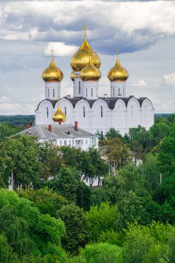 Katedral altın kubbeleri, yeşil ağaçlar ve gri bulutlar arka planda, Yaroslavl, Rusya