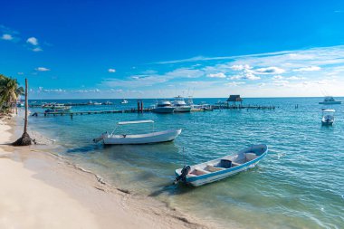 Puerto Morelos 'ta, turkuaz Karayip suları ve güneşli bir günde sallanan palmiye ağaçları tarafından çerçevelenmiş, sahile yakın demirlenmiş beyaz teknelerin sergilendiği sakin bir sahne..