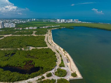 Stunning aerial view from a drone of Malecon Tajamar in Cancun, Mexico, clipart