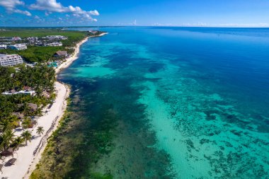 Beautiful aerial drone view of Xcalacoco Beach in Playa del Carmen, Quintana Roo, Mexico.