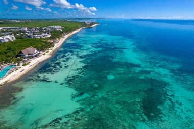 Beautiful aerial drone view of Xcalacoco Beach in Playa del Carmen, Quintana Roo, Mexico.