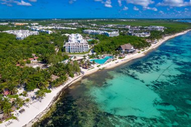 Beautiful aerial drone view of Xcalacoco Beach in Playa del Carmen, Quintana Roo, Mexico.
