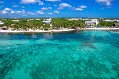 Beautiful aerial drone view of Xcalacoco Beach in Playa del Carmen, Quintana Roo, Mexico.