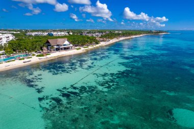 Beautiful aerial drone view of Xcalacoco Beach in Playa del Carmen, Quintana Roo, Mexico.
