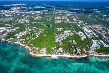 Beautiful aerial drone view of Xcalacoco Beach in Playa del Carmen, Quintana Roo, Mexico.