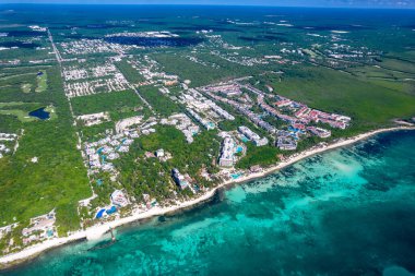 Beautiful aerial drone view of Xcalacoco Beach in Playa del Carmen, Quintana Roo, Mexico.