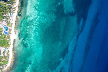 Beautiful aerial drone view of Xcalacoco Beach in Playa del Carmen, Quintana Roo, Mexico.