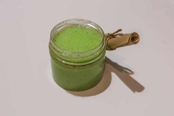 Green Scrub Home Care Cosmetic Product Jar Cream Face Cream — Stock Photo, Image