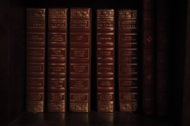 Loş ışıkta rafta duran ciltli kitaplar. Omurgalarda altın harfler var. Kitap koleksiyonu. Klasik edebiyat. Ev kütüphanesi. Sert kapak.