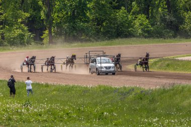 Kyiv, Ukrayna - 14 Mayıs 2023: Hipodromda at yarışı. Muhteşem binicilik sporu. Ekipmandaki atlar. İleri koş. Başlangıç çizgisi. Toynak ezmek. Hayvanlarla ilgili spor. Koşan bir atın hızı. Yarış pistinde olay.