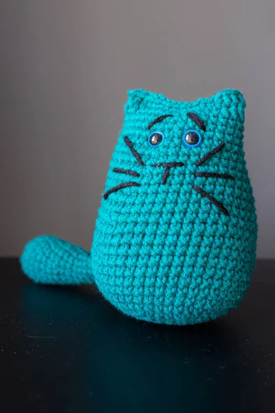 Soft toy in the form of a cat in the amigurumi technique. Ecological knitted toys. Hobby - crocheting. Yarn products. Amigurumi toy.