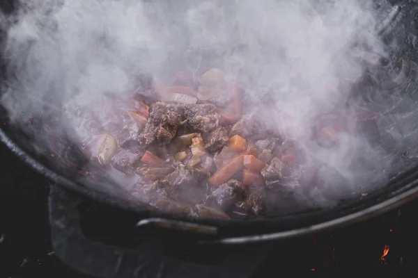 뜨거운 고기는 피크닉 불위에서 곳에서 튀긴다 뜨거운 증기로 맛없는 채식주의자 — 스톡 사진