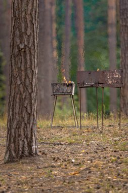 Ormanda ateş açın. Brezilya 'da ateş yak. Şehir dışında bir tatil. Yüksek ateş. Kızarmış barbekü. Izgara tabaklar. Kırsal mutfak. Kızaran ateşte.