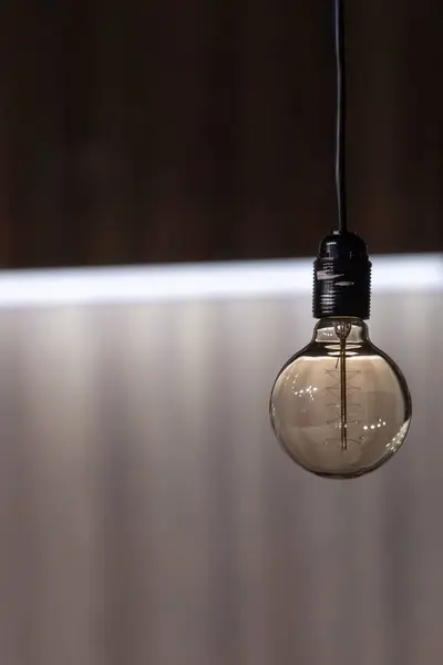 Electric light source. Light symbol. Achievements of humanity. Evidence of progress. Hanging from the ceiling by a wire. A round transparent electric light bulb on a dark background.